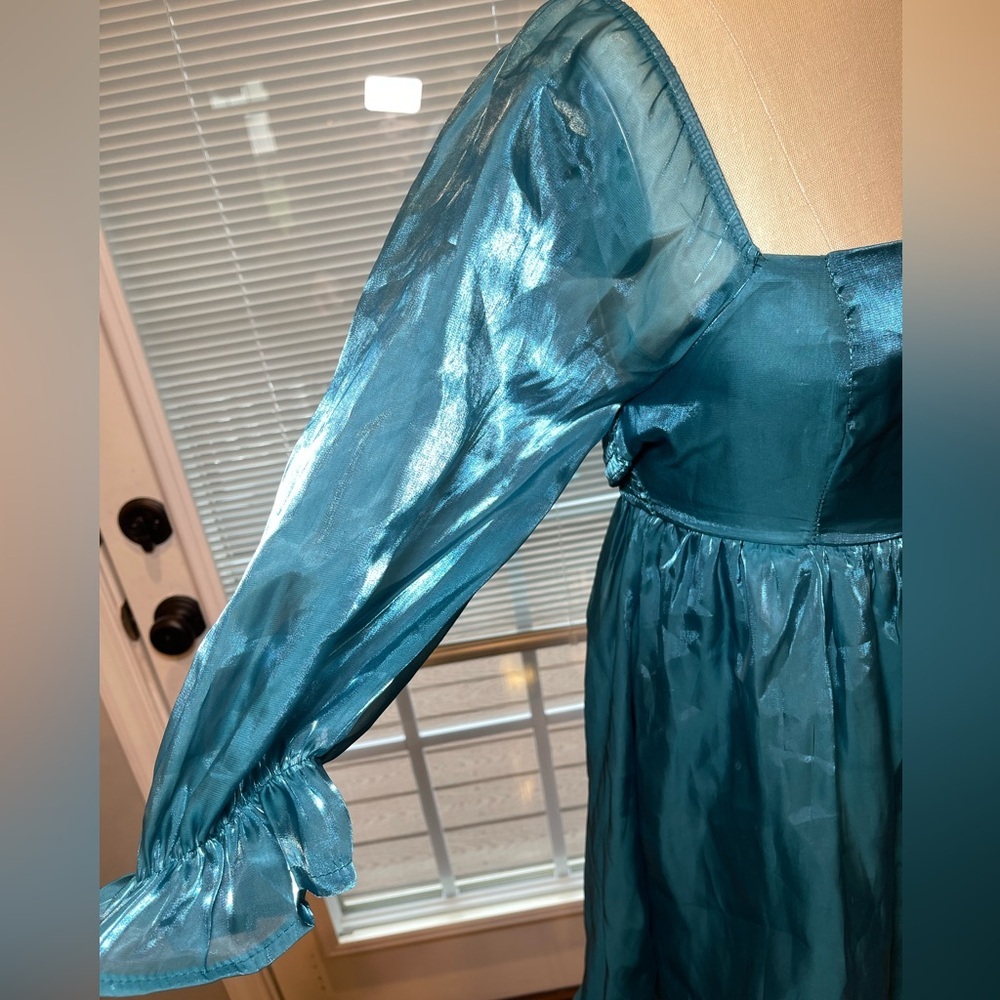 Teal Satin Mini Dress Puff Sleeve Square Neck Party XS - Picture 3 of 8